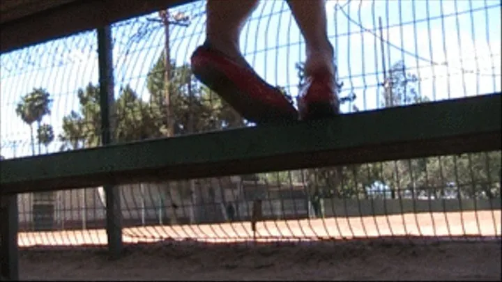 Red patent flats barefoot heel crush in the bleachers