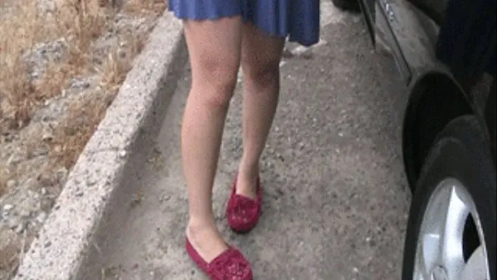 Red moccasins & nylons ~ heel crush & pedal pumping