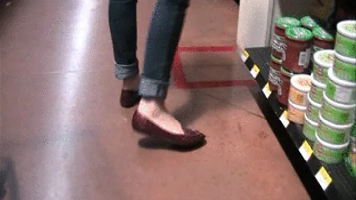 Heel crush at market with red loafers barefoot