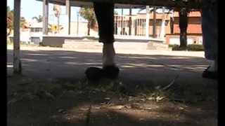 Park bench heel crush barefoot