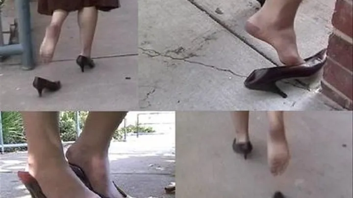 One shoe walks, heels crushed with vintage high heels & RHT stockings