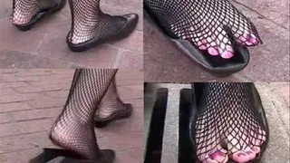 Vintage black leather flats & fishnets - Heel crush & walk