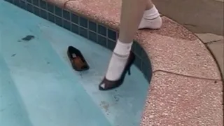 Brown leather peep toe heels & bobby sox - IN the pool