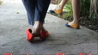 2 girls barefoot heel crush flats at park bench