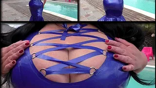 Busty Blowjob Lady with hot blue Latex Dress - Blowjob & Titjob - Cum on my big natural tits