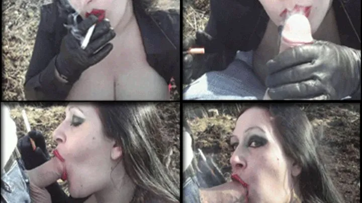 Smoking Blowjob with leather gloves