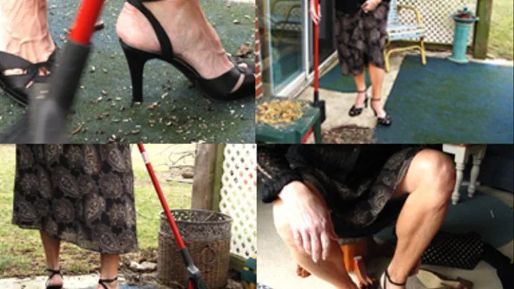 Sweeping the patio in Film Noir heels