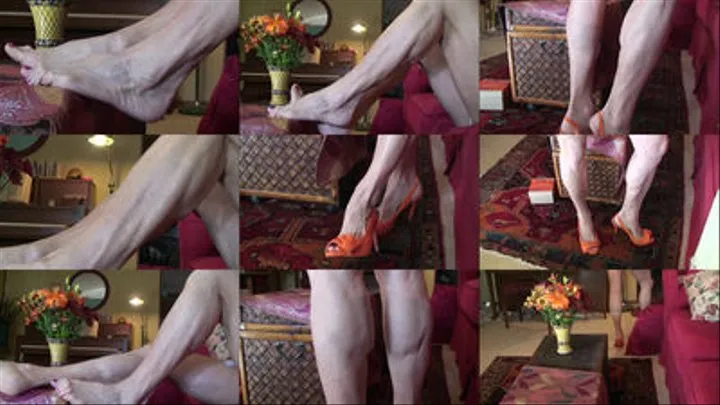 Muscular calves, bare feet, and orange slingbacks