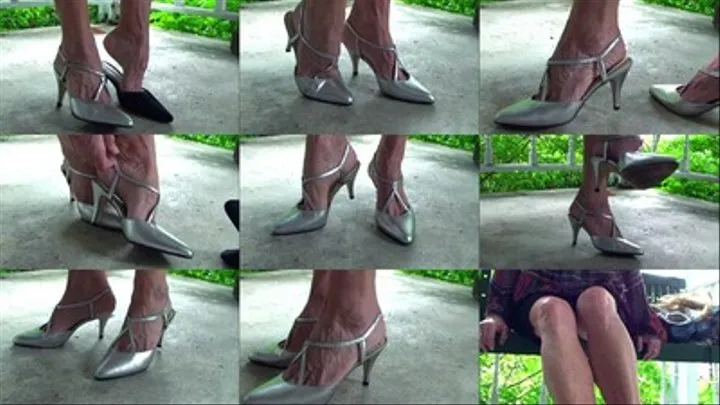 On the porch swing, wearing my silver party heels