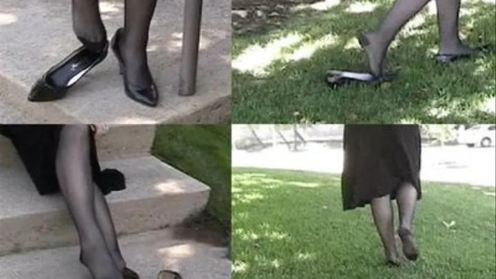 Black patent heels & RHT stockings ~ Shoeplay on concrete and on the grass