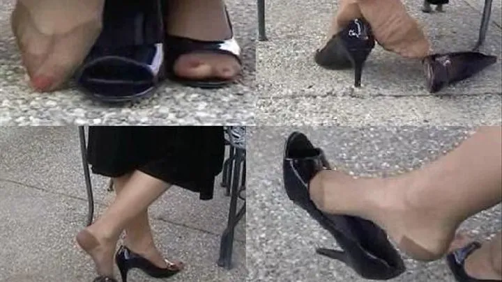 Plum peep toe high heels - Dipping at patio table on concrete