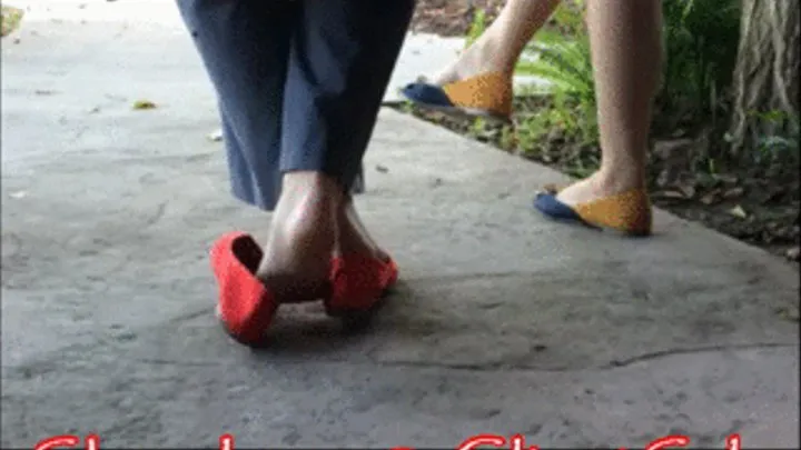 2 girls in new flats barefoot on a park bench 1