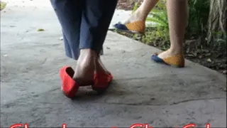 2 girls in new flats barefoot on a park bench 1