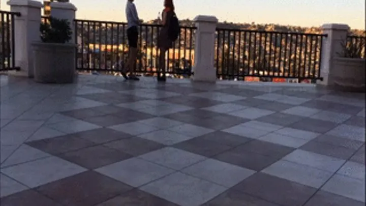 2 girls in flats & nylons dipping at a railing