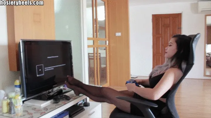 Tiffany Black Stockings Legs and Feet Playing Video Game