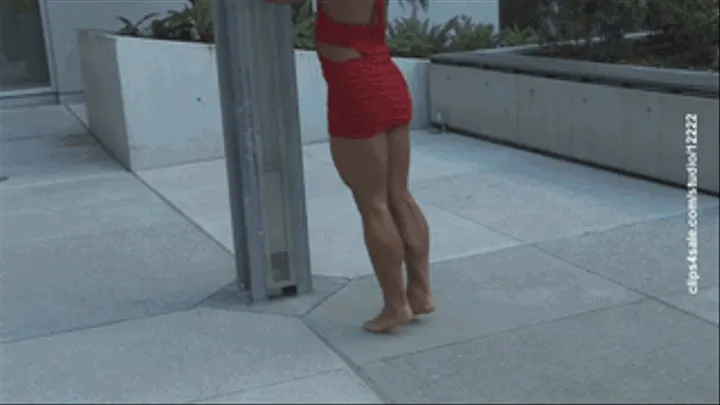 Dana Richards 16.5" Muscular Calves Tight Red Dress and Bare Feet