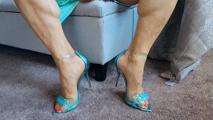 Blue Dress High Heels and Barefeet Seated Seduction