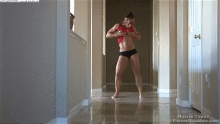 Muscle Tease Black Booty Shorts and Red Tank Abs and Calves Bare Feet Hi Res