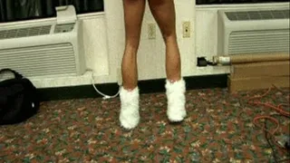 Muscle Tease Fur Boots Muscular Calves and Lingerie Wall Flex