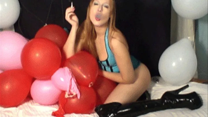 Smoking to pop balloons with cigarette.