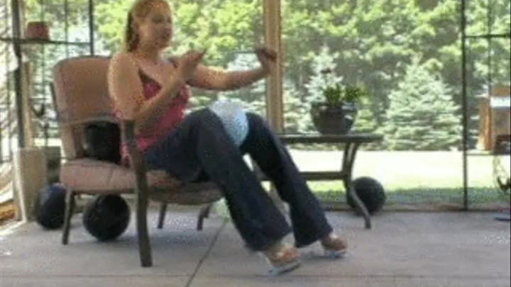 Balloon play in jeans with small tit blonde.