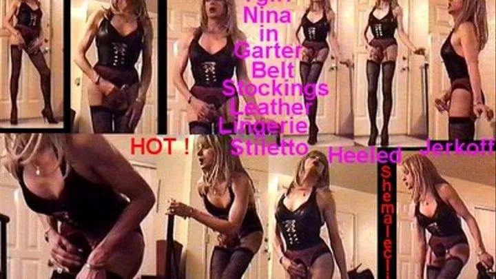 Tgirl Nina in Garterbelt Stockings Leather Lingerie Stilletto Heeled JerkOff