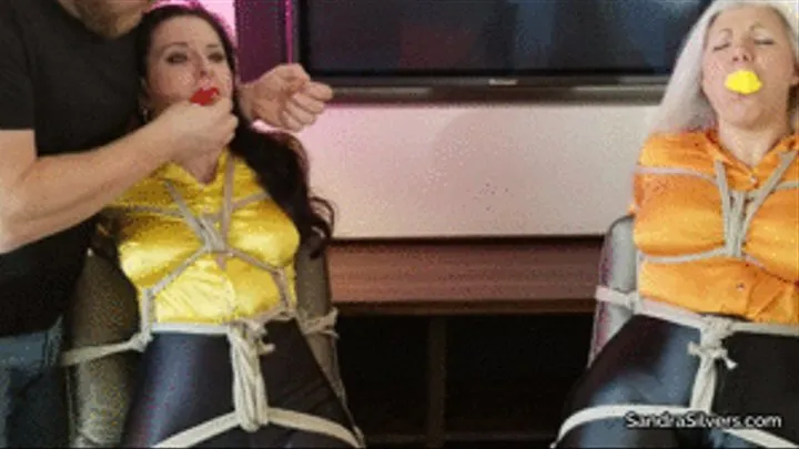 Two Chair Tied Damsels in Disco Pants and Satin Shirts get a Massive MouthStuffing and Tape Gag on Screen! #BigBreasts #BareFeet #DiD #2356