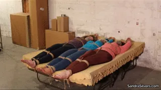 Trio of Struggling Sweater-clad MILFs Bound Arms over Head, Bare Feet on Display, as they Team Up for Bondage Escape Attempt! 2598