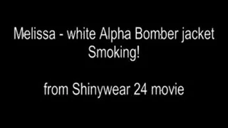Smoking in white shiny Alpha Bomber Jacket