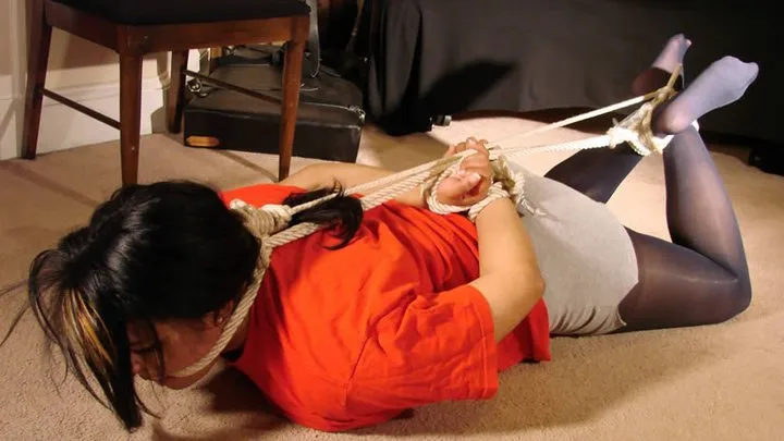 Raine-BGBv14 - Rope-gagged, Hogtied & Hair-tied in Shorts and Stockings