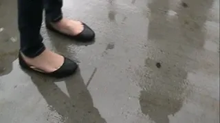 Waiting in line in the rain ~ Black flats barefoot 1