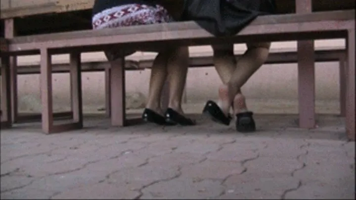 Sole shots ~ Two girls barefoot shoeplay on bench seats! rear