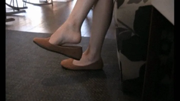 New brown suede flats barefoot @ hotel lobby