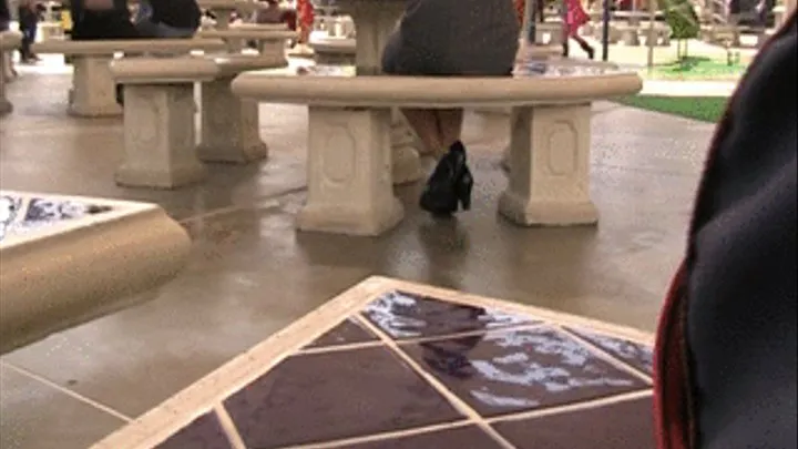 Sole shots: Black patent heels barefoot @ food court mall