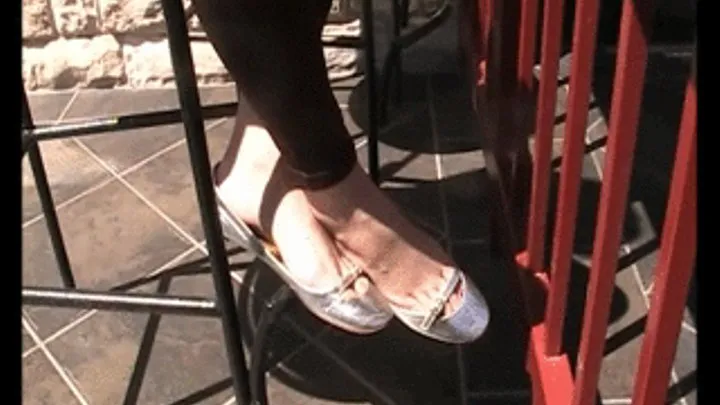 J Crew silver flats barefoot at outside bar 1