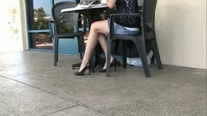 Black leather high heels barelegged @ cafe'