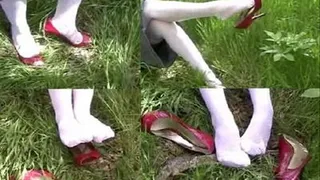 Shoeplay orgasm ~ Red patent peep toe high heels