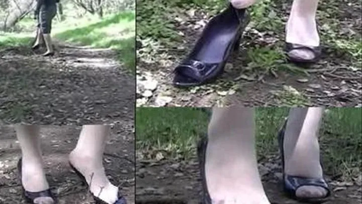 Hiking in heels - Shoeplay in the forest with patent peep toe heels