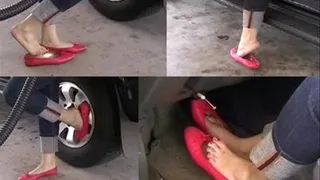 Red Escada ballet flats - Shoeplay at the gas station
