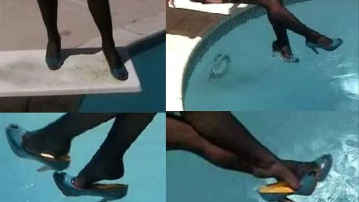 Poolside shoeplay on the diving board in high heels & stockings