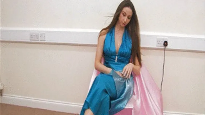 SSF Aaliyah Johnson in a sexy blue satin evening dress on a sexy satin covered Chair