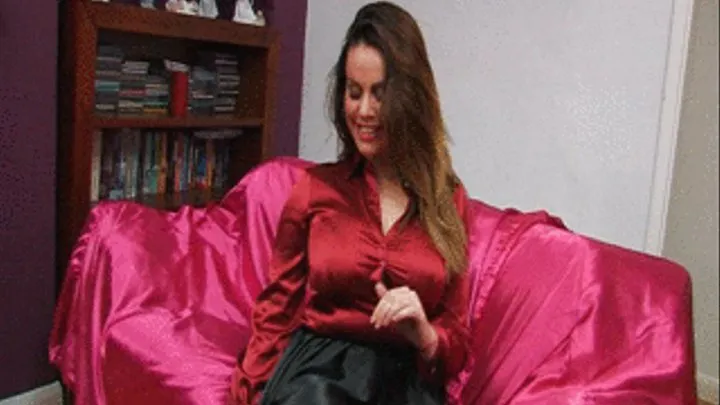 SSF Ashley T in a Red Satin Blouse & Black Pleated Satin Skirt