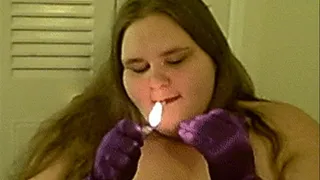 Chainsmoking in tight purple corset & miniskirt