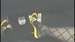 driving in 4inch yellow mules and striped pantyhose1