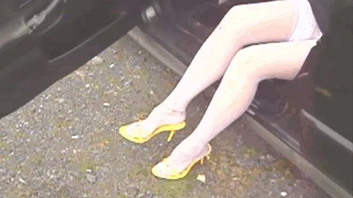 Revving and cranking in 4inch yellow mules and white pantyhose