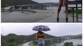 Long Legs and bare Pussy in the Rain