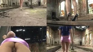 With heels and mini skirt in the ruins