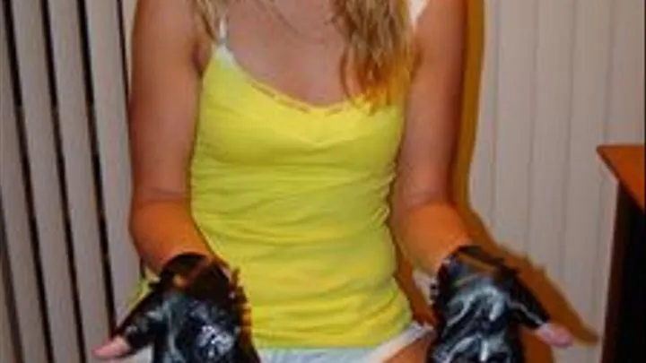 Lexi spits on leather gloves