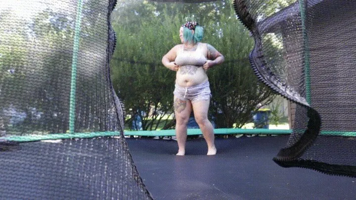 Fat Girl Strips and Jumps on Trampoline