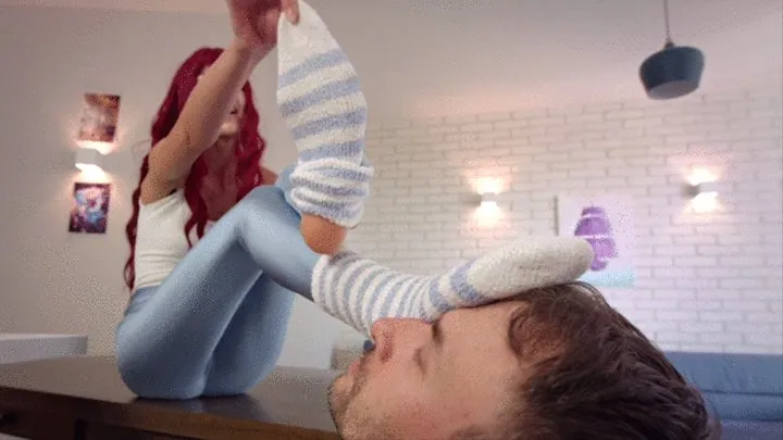 Stella Take Off Socks Use Him As Footrest And Have Bare Feet Licked - Light Blue Leggings - Part 02